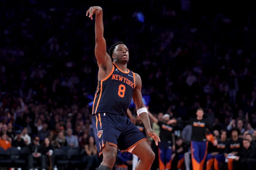 Dec 11, 2024; New York, New York, USA; New York Knicks forward OG Anunoby (8) watches his three point shot against the Atlanta Hawks during the third quarter at Madison Square Garden. Mandatory Credit: Brad Penner-Imagn Images