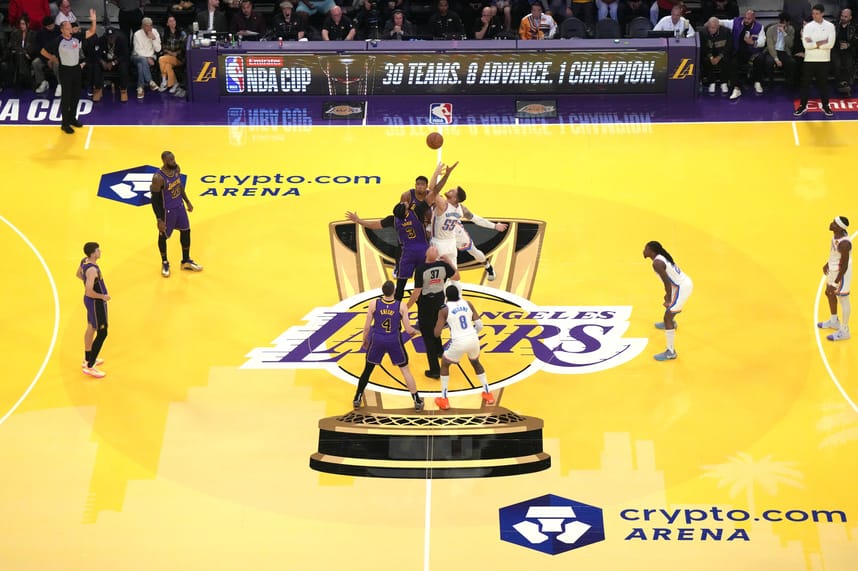 Nov 29, 2024; Los Angeles, California, USA; A general overall view of the opening tipoff of the NBA Cup game between Los Angeles Lakers forward Anthony Davis (3) and Oklahoma City Thunder center Isaiah Hartenstein (55) at Crypto.com Arena. Mandatory Credit: Kirby Lee-Imagn Images