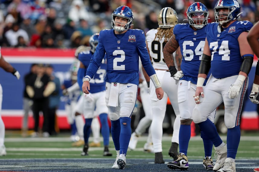 Dec 8, 2024; East Rutherford, New Jersey, USA; New York Giants quarterback Drew Lock (2) reacts during the fourth quarter against the New Orleans Saints at MetLife Stadium. Mandatory Credit: Brad Penner-Imagn Images