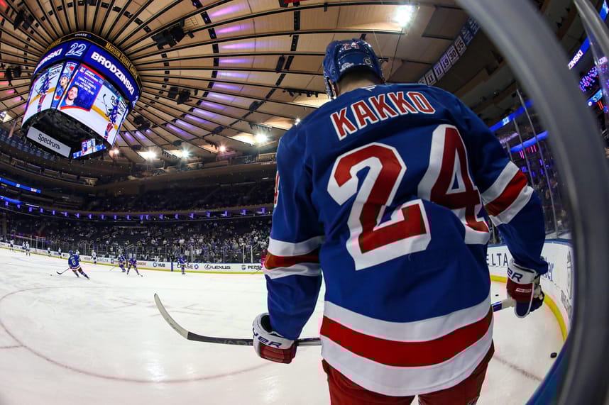 Dec 8, 2024; New York, New York, USA; New York Rangers right wing Kaapo Kakko (24) warms up before a game against the Seattle Kraken at Madison Square Garden. Mandatory Credit: Danny Wild-Imagn Images