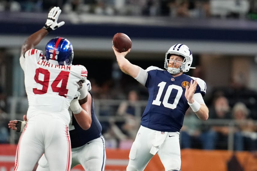 Nov 28, 2024; Arlington, Texas, USA; Dallas Cowboys quarterback Cooper Rush (10) throws a pass as New York Giants defensive tackle Elijah Chatman (94) defends during the second half at AT&T Stadium. Mandatory Credit: Chris Jones-Imagn Images