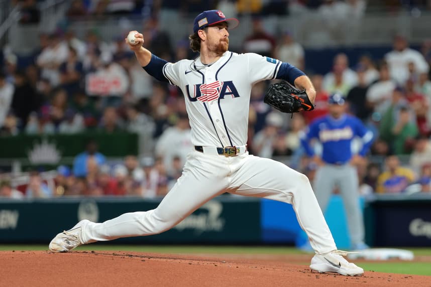 Nolan McLean pitching for Team USA in the 2026 WBC Championship Game at loanDepot Park