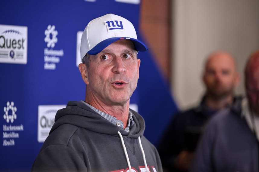 John Harbaugh speaks during Giants OTAs