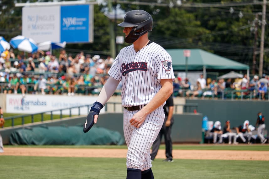 Tyler Hardman at first base after being walked during the August 25, 2023 game against the Bowie Baysox at TD Bank Ballpark in