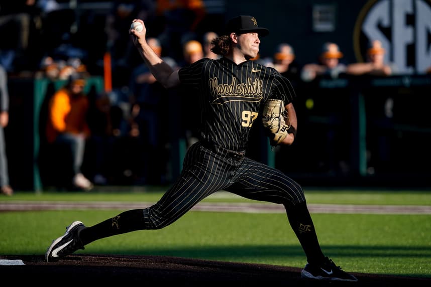Vanderbilt pitcher Bryce Cunningham (97) pitches against Tennessee during the first inning at Hawkins Field in Nashville, Tenn.,