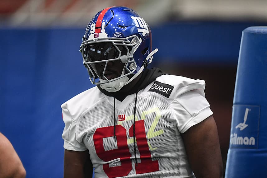 May 9, 2025; East Rutherford, NJ, USA; New York Giants defensive tackle Darius Alexander (91) participates in a drill during rookie minicamp at Quest Diagnostics Training Center. Mandatory Credit: John Jones-Imagn Images