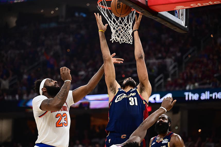 Mitchell Robinson battles for a rebound for the Knicks during the Eastern Conference Finals