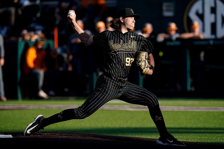 Vanderbilt pitcher Bryce Cunningham (97) pitches against Tennessee during the first inning at Hawkins Field in Nashville, Tenn.,