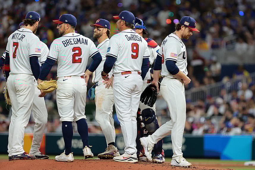 Nolan McLean pitching for Team USA in the 2026 WBC Championship Game at loanDepot Park