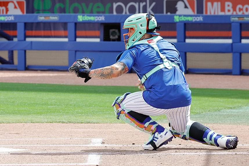 Francisco Alvarez looking toward the Mets dugout during a spring training game