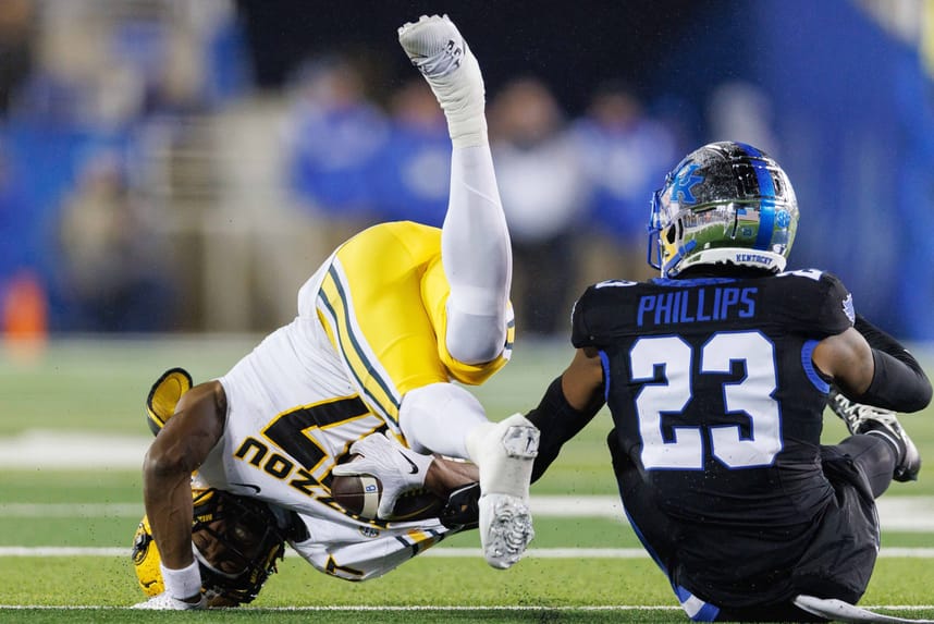 Oct 14, 2023; Lexington, Kentucky, USA; Missouri Tigers wide receiver Marquis Johnson (17) against Kentucky Wildcats defensive back Andru Phillips (23) during the third quarter at Kroger Field. Mandatory Credit: Jordan Prather-USA TODAY Sports