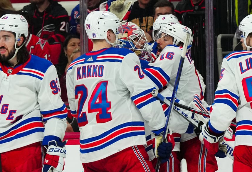 May 9, 2024; Raleigh, North Carolina, USA; New York Rangers goaltender Igor Shesterkin (31) and center Vincent Trocheck (16) celebrate their win in the overtime against the Carolina Hurricanes in game three of the second round of the 2024 Stanley Cup Playoffs at PNC Arena. Mandatory Credit: James Guillory-USA TODAY Sports