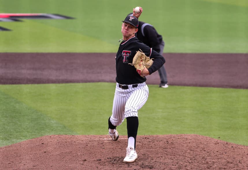 Texas Tech's Jack Cebert pitches against Cincinnati during a Big 12 baseball game, Friday, April 4, 2025, at Dan Law Field.