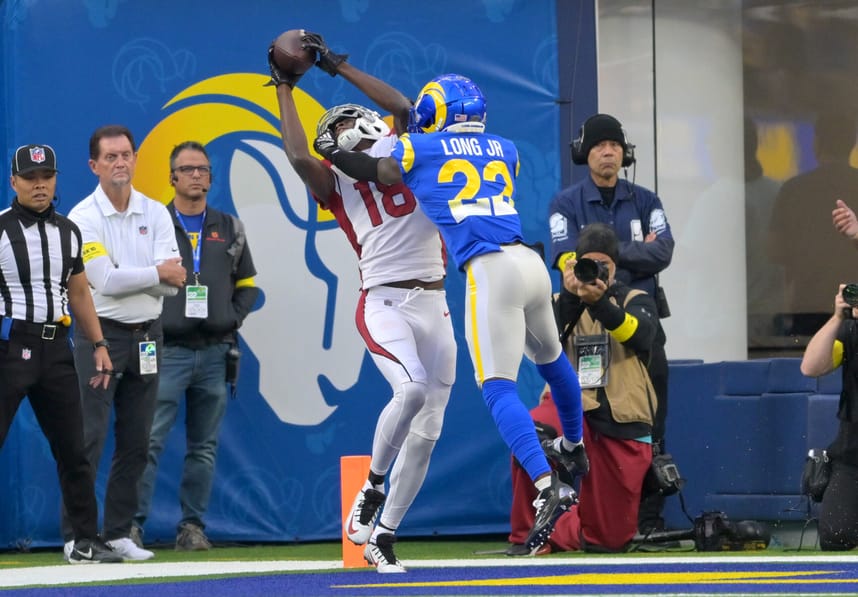 Nov 13, 2022; Inglewood, California, USA; Arizona Cardinals wide receiver A.J. Green (18) catches the ball in front of Los Angeles Rams cornerback David Long Jr. (New York Giants) (22) for a touchdown in the first half at SoFi Stadium. Mandatory Credit: Jayne Kamin-Oncea-USA TODAY Sports