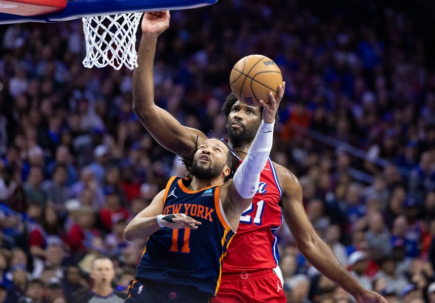 Apr 28, 2024; Philadelphia, Pennsylvania, USA; New York Knicks guard Jalen Brunson (11) drives against Philadelphia 76ers center Joel Embiid (21) during the second half of game four of the first round in the 2024 NBA playoffs at Wells Fargo Center. Mandatory Credit: Bill Streicher-USA TODAY Sports