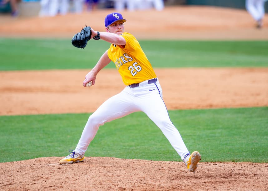 Pitcher Thatcher Hurd on the mound as The LSU Tigers take on Texas A & M. Sunday, May 5, 2024.