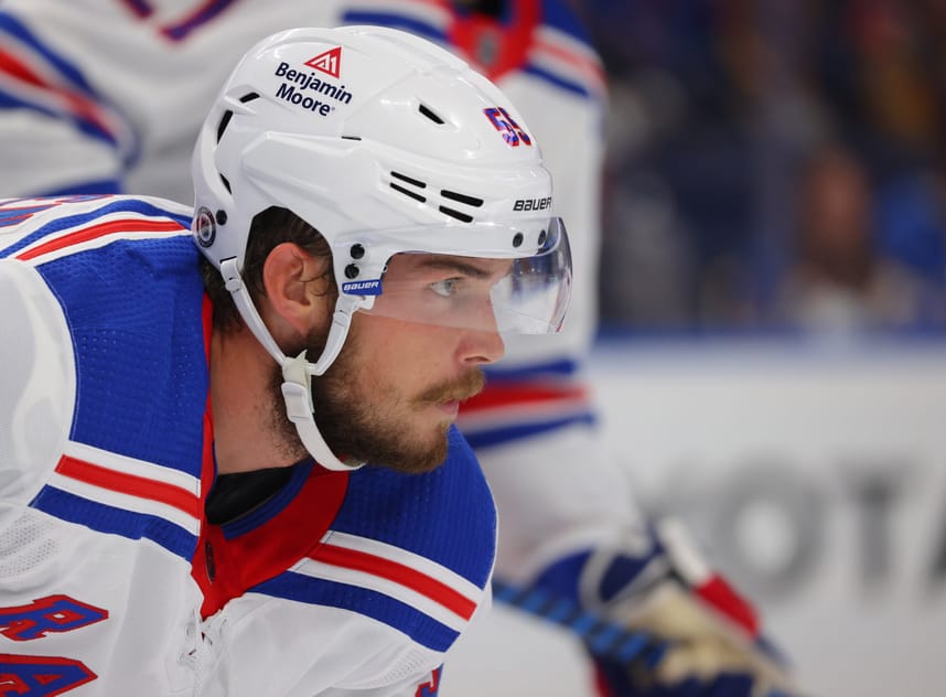 New York Rangers defenseman Ryan Lindgren (55) waits for the face-off during the third period against the Buffalo Sabres