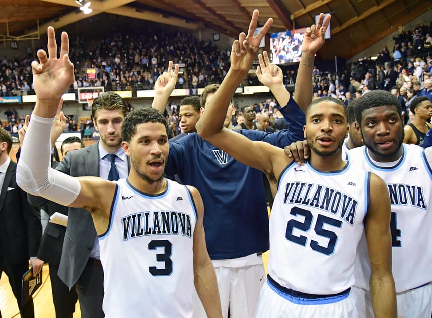 Feb 7, 2017; Villanova, PA, USA; Villanova Wildcats guard Josh Hart (3), guard Mikal Bridges (25) and forward Eric Paschall (4) salute the crowd after win against the Georgetown Hoyas at The Pavilion. Villanova defeated Georgetown 75-64. Mandatory Credit: Eric Hartline-USA TODAY Sports