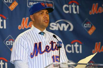 Carlos Beltran talks after being introduced as manager of the New York Mets during a press conference at Citi Field