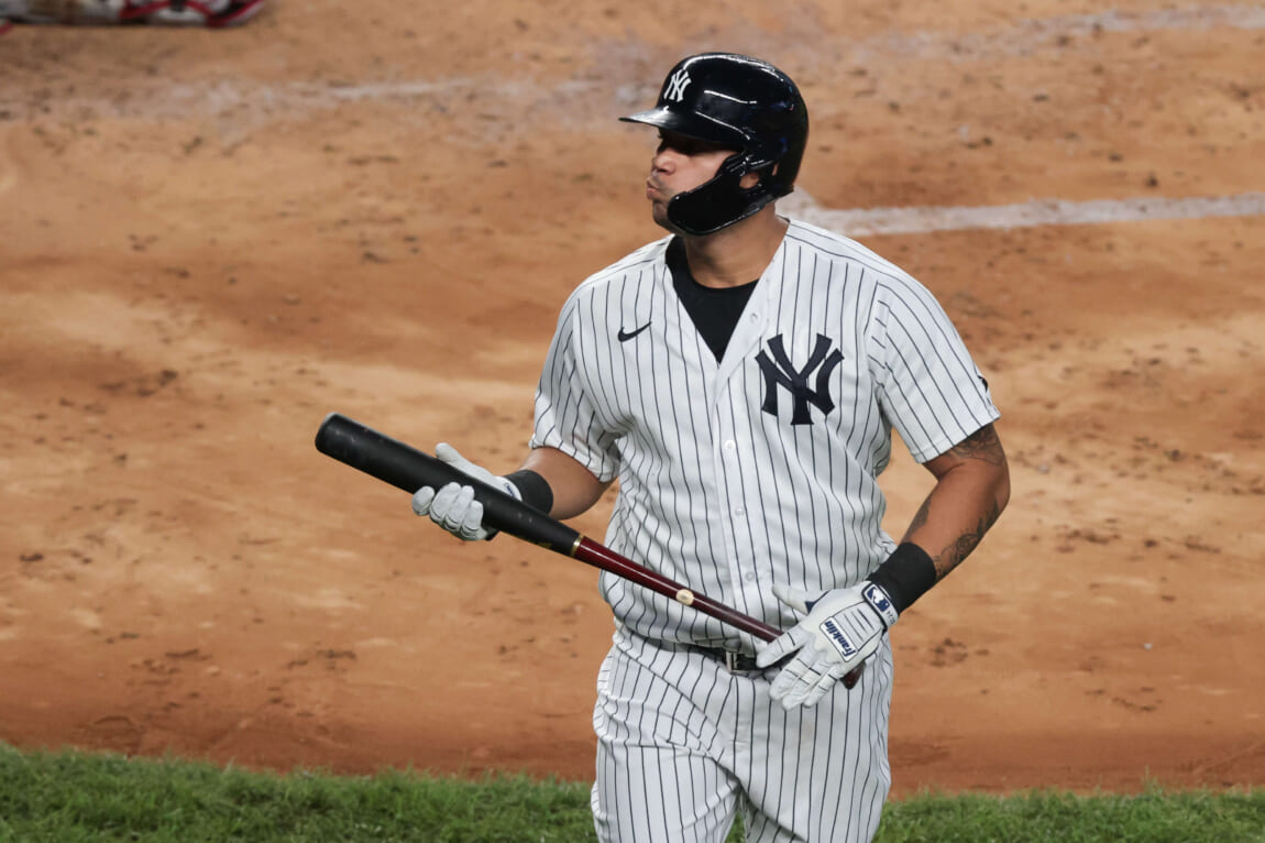 BUFFALO, NY - JUNE 17: New York Yankees Catcher Gary Sanchez (24) hits a  single during the seventh inning of a Major League Baseball game between the  New York Yankees and the