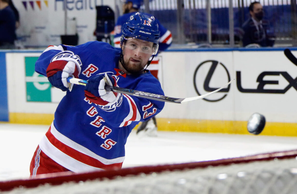New York Rangers left wing Alexis Lafreniere warms up before the game against the New York Islanders at Madison Square Garden