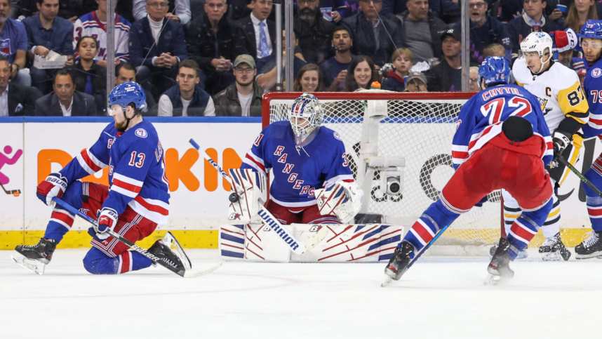 New York Rangers goaltender Igor Shesterkin (31) makes a save against the Pittsburgh Penguins during the second period in game one of the first round of the 2022 Stanley Cup Playoffs at Madison Square Garden