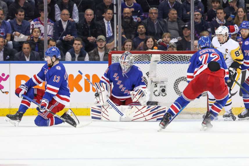 New York Rangers goaltender Igor Shesterkin (31) makes a save against the Pittsburgh Penguins during the second period in game one of the first round of the 2022 Stanley Cup Playoffs at Madison Square Garden