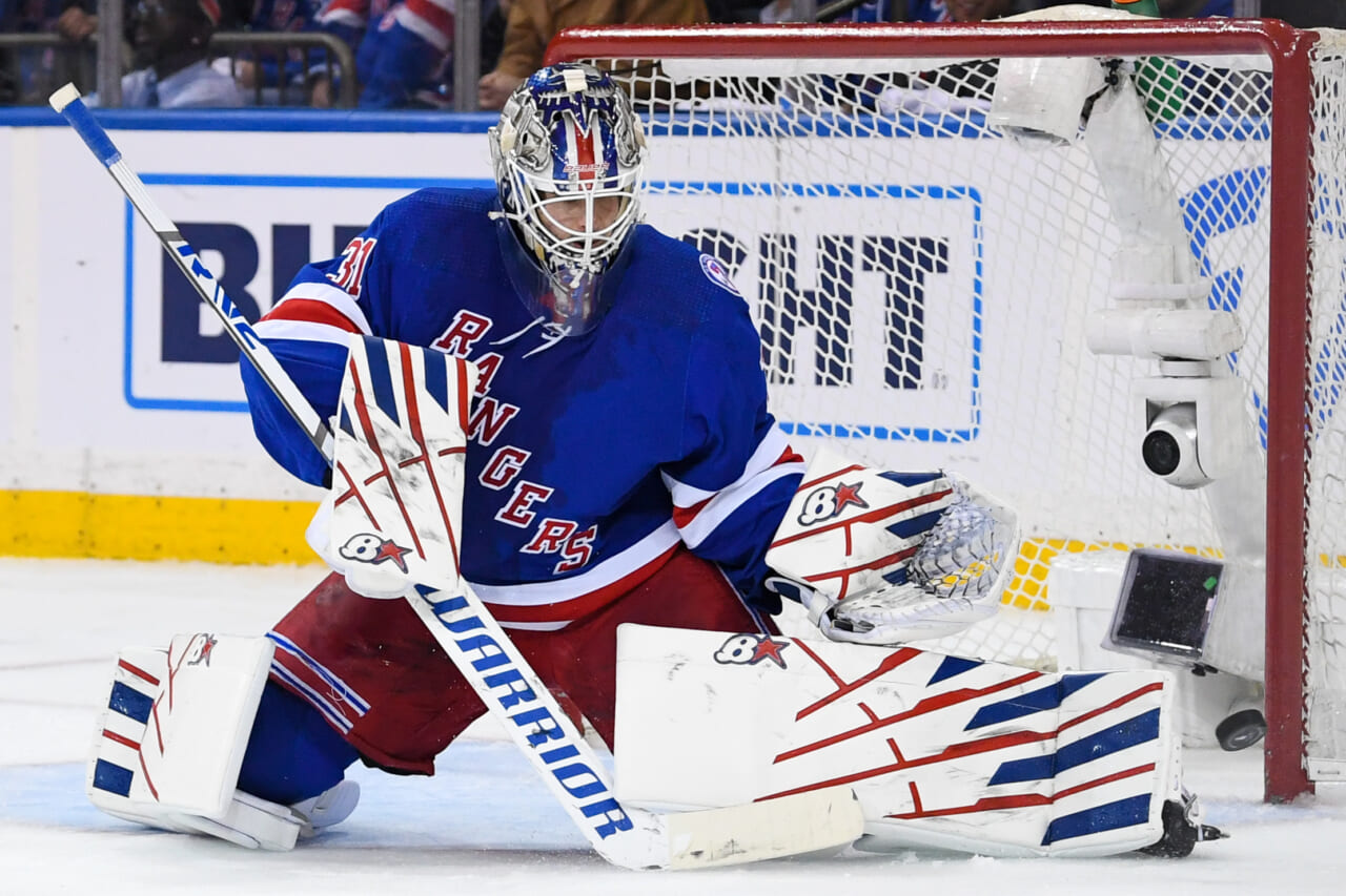 New York Rangers goaltender Igor Shesterkin (31) makes a save against the Pittsburgh Penguins during the second period in game two of the first round of the 2022 Stanley Cup Playoffs at Madison Square Garden