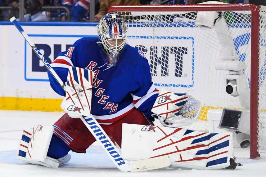 New York Rangers goaltender Igor Shesterkin (31) makes a save against the Pittsburgh Penguins during the second period in game two of the first round of the 2022 Stanley Cup Playoffs at Madison Square Garden
