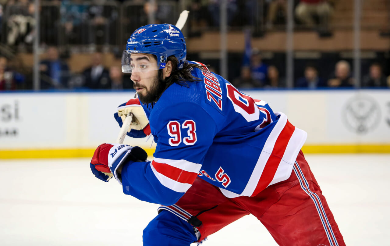 New York Rangers center Mika Zibanejad (93) skates against the San Jose Sharks during the second period at Madison Square Garden