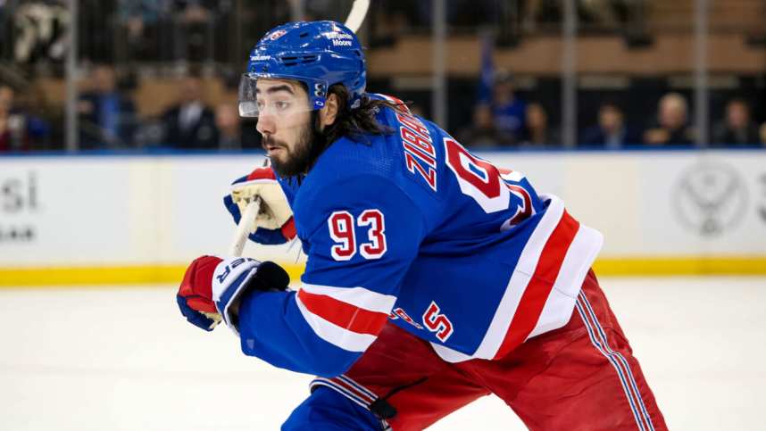 New York Rangers center Mika Zibanejad (93) skates against the San Jose Sharks during the second period at Madison Square Garden