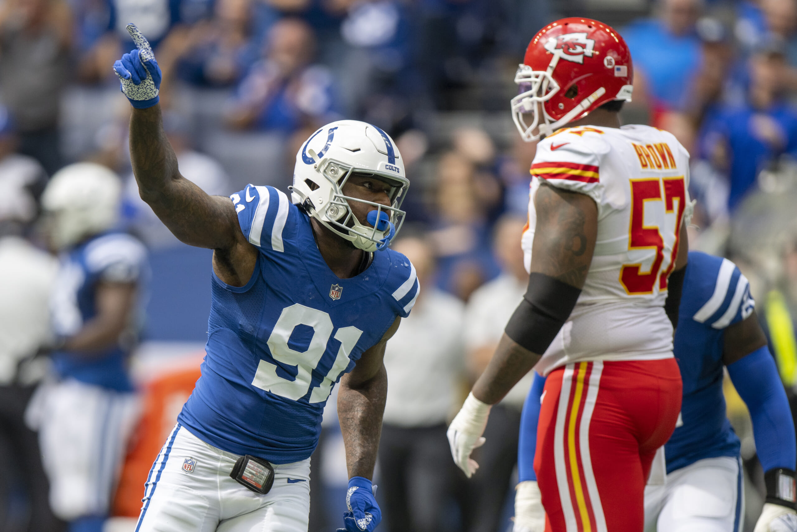 Sep 25, 2022; Indianapolis, Indiana, USA; Indianapolis Colts defensive end Yannick Ngakoue (91) celebrates sacking Kansas City Chiefs quarterback Patrick Mahomes (not pictured) during the second quarter at Lucas Oil Stadium. Mandatory Credit: Marc Lebryk-USA TODAY Sports