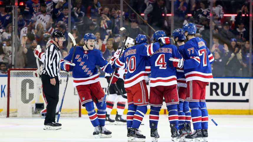 New York Rangers defenseman Braden Schneider (4) celebrates his goal against the New Jersey Devils during the third period in game six of the first round of the 2023 Stanley Cup Playoffs at Madison Square Garden