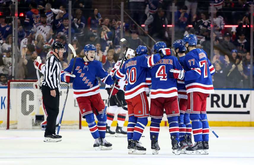 New York Rangers defenseman Braden Schneider (4) celebrates his goal against the New Jersey Devils during the third period in game six of the first round of the 2023 Stanley Cup Playoffs at Madison Square Garden
