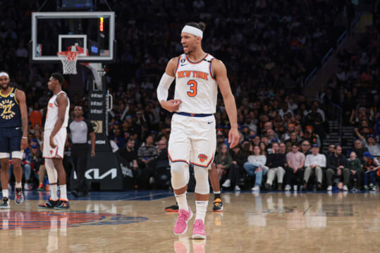 New York Knicks guard Josh Hart (3) reacts after being ejected from the game during the second half against the Indiana Pacers at Madison Square Garden