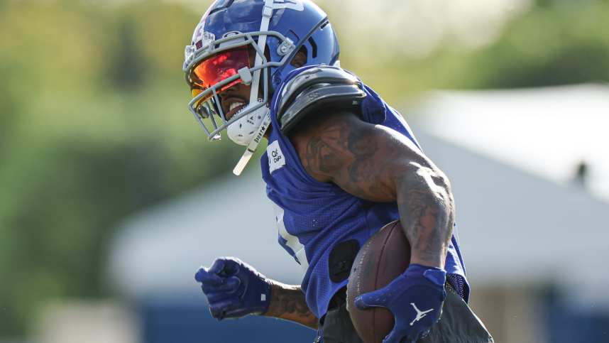 New York Giants wide receiver Sterling Shepard (3) participates in drills during training camp at the Quest Diagnostics Training Facility
