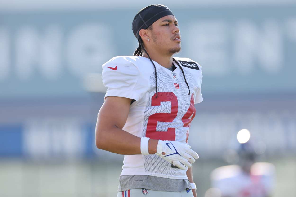 New York Giants safety Dane Belton (24) during training camp at the Quest Diagnostics Training Facility.