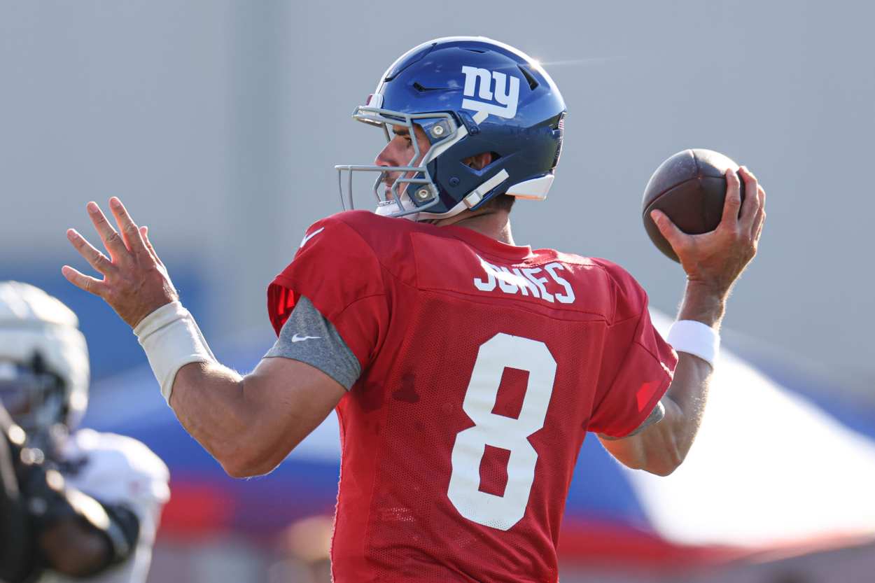 New York Giants quarterback Daniel Jones (8) throws the ball during training camp at the Quest Diagnostics Training Facility