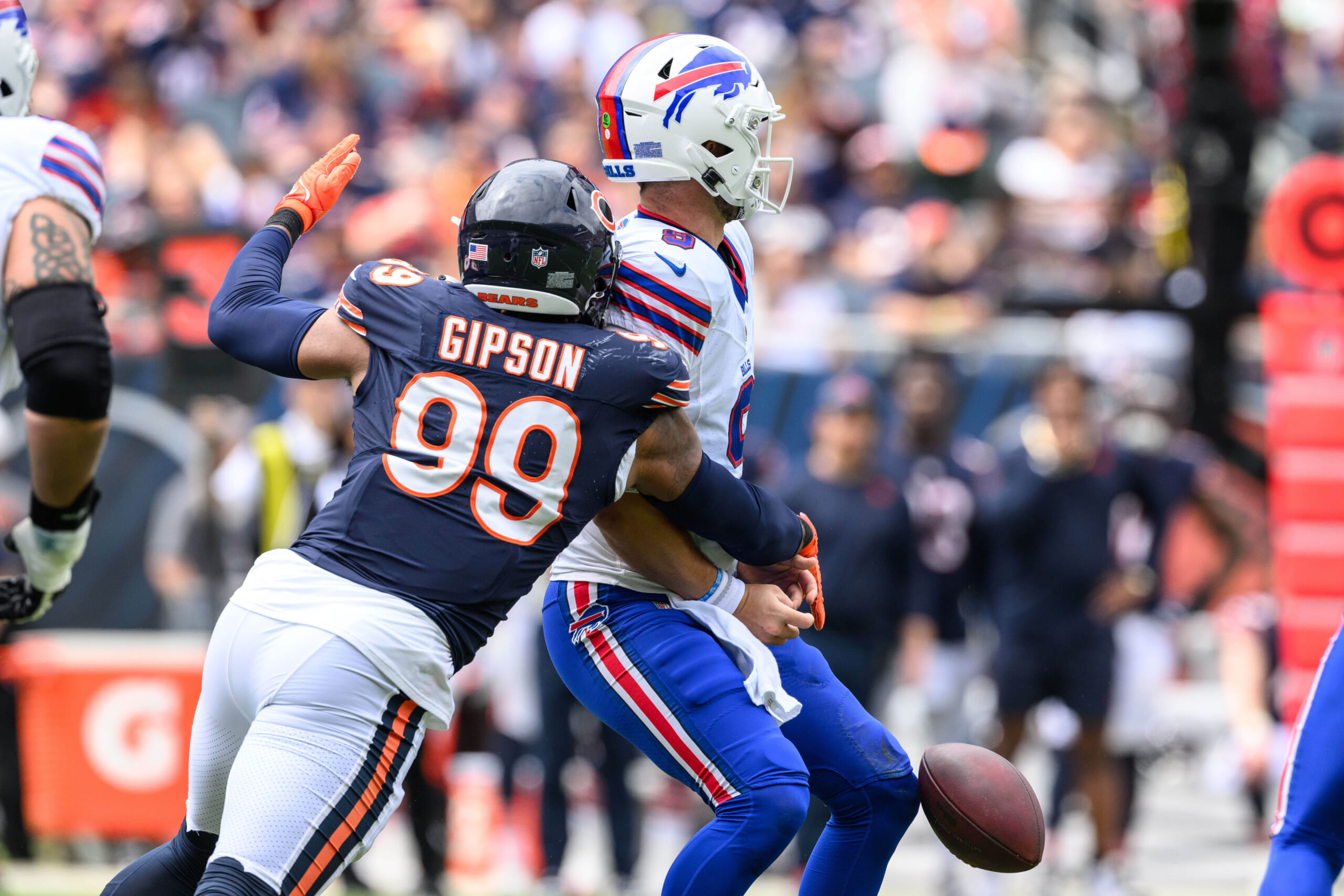 Chicago Bears defensive end Trevis Gipson (99) strips the ball from Buffalo Bills quarterback Kyle Allen (9) during the second quarter at Soldier Field (New York Giants)