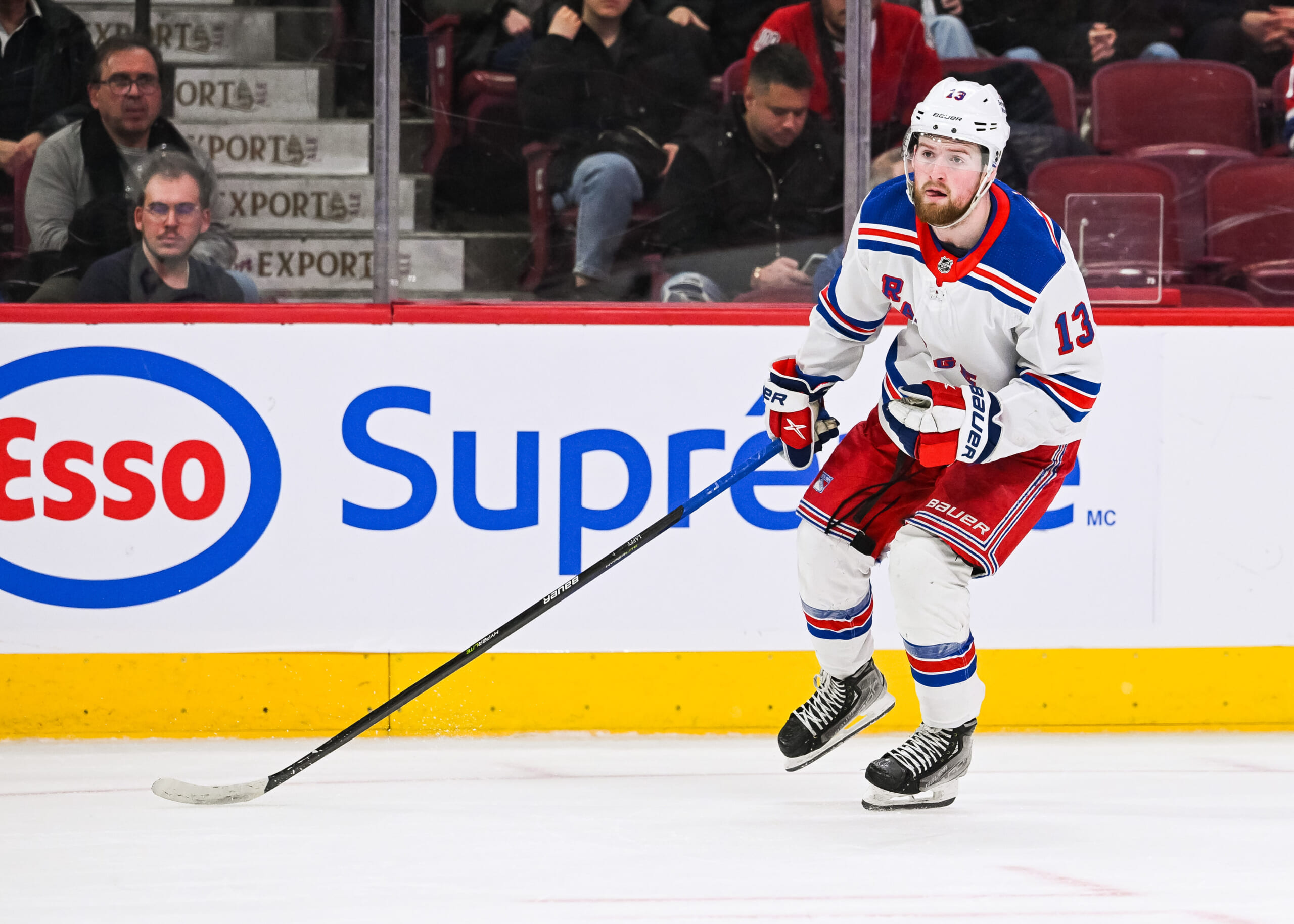 New York Rangers left wing Alexis Lafreniere (13) against the Montreal Canadiens during the third period at Bell Centre