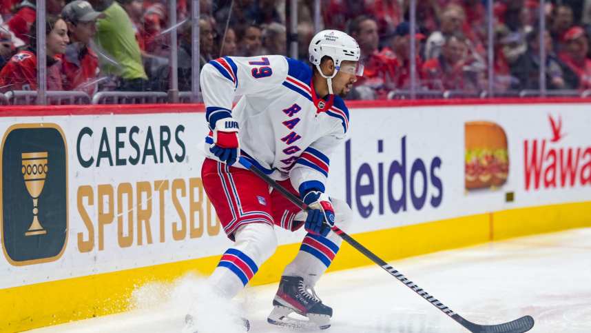 New York Rangers defenseman K'Andre Miller (79) looks to pass during the first period against the Washington Capitals at Capital One Arena