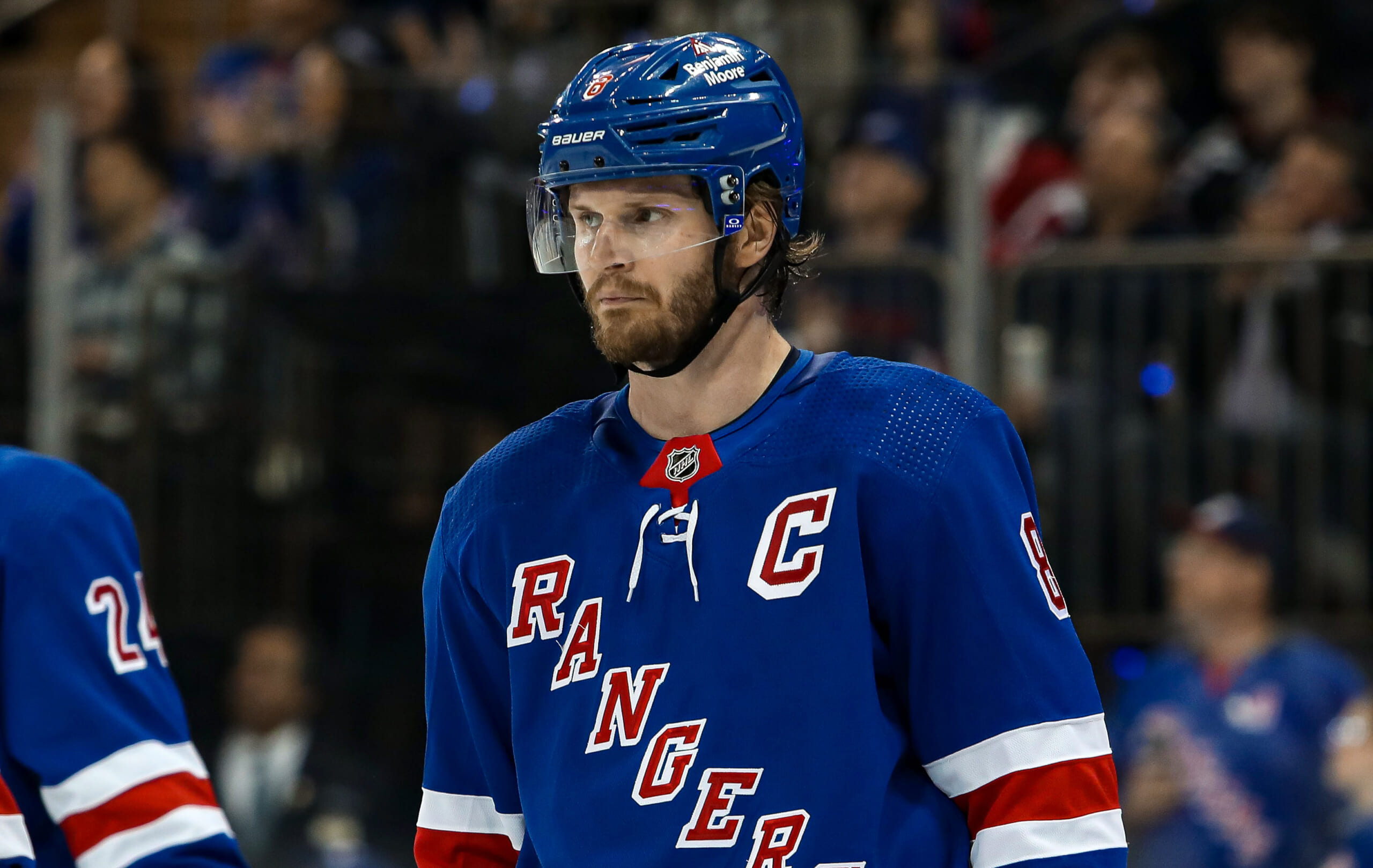 New York Rangers defenseman Jacob Trouba (8) during the first period against the New Jersey Devils in game six of the first round of the 2023 Stanley Cup Playoffs at Madison Square Garden