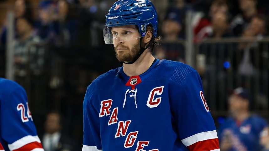 New York Rangers defenseman Jacob Trouba (8) during the first period against the New Jersey Devils in game six of the first round of the 2023 Stanley Cup Playoffs at Madison Square Garden