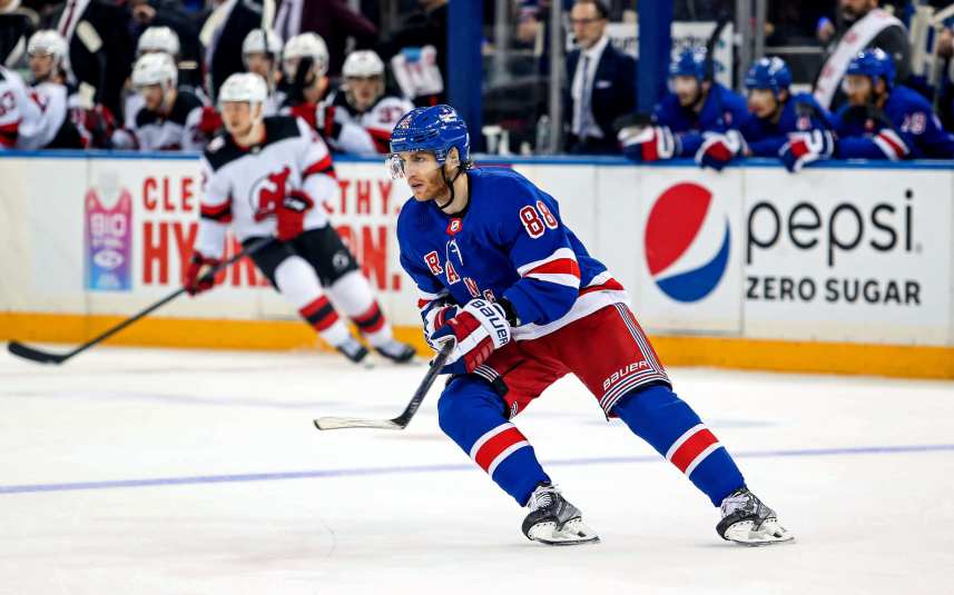 New York Rangers right wing Patrick Kane (88) skates against the New Jersey Devils during the second period in game six of the first round of the 2023 Stanley Cup Playoffs at Madison Square Garden