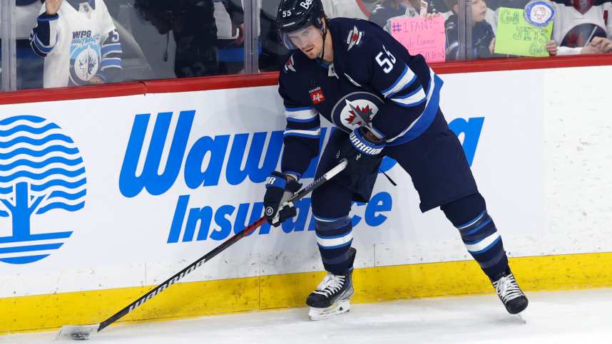 Winnipeg Jets center Mark Scheifele (55) warms up before game three of the first round of the 2023 Stanley Cup Playoffs at Canada Life Centre against the Vegas Golden Knights (New York Rangers)