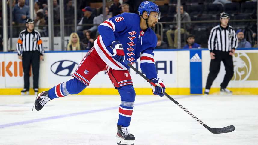 New York Rangers defenseman K'Andre Miller (79) takes a shot against the Tampa Bay Lightning during the third period at Madison Square Garden