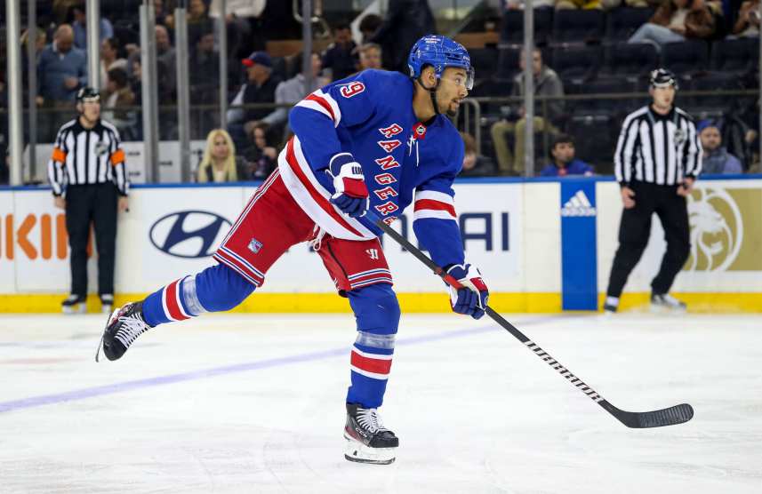 New York Rangers defenseman K'Andre Miller (79) takes a shot against the Tampa Bay Lightning during the third period at Madison Square Garden