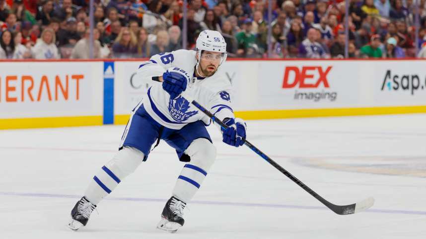 Toronto Maple Leafs defenseman Erik Gustafsson (56, New York Rangers) passes the puck during the first period against the Florida Panthers at FLA Live Arena