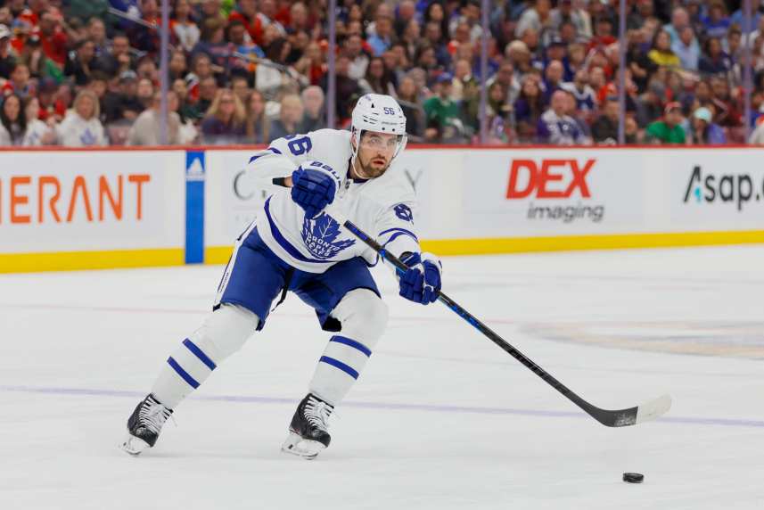 Toronto Maple Leafs defenseman Erik Gustafsson (56, New York Rangers) passes the puck during the first period against the Florida Panthers at FLA Live Arena
