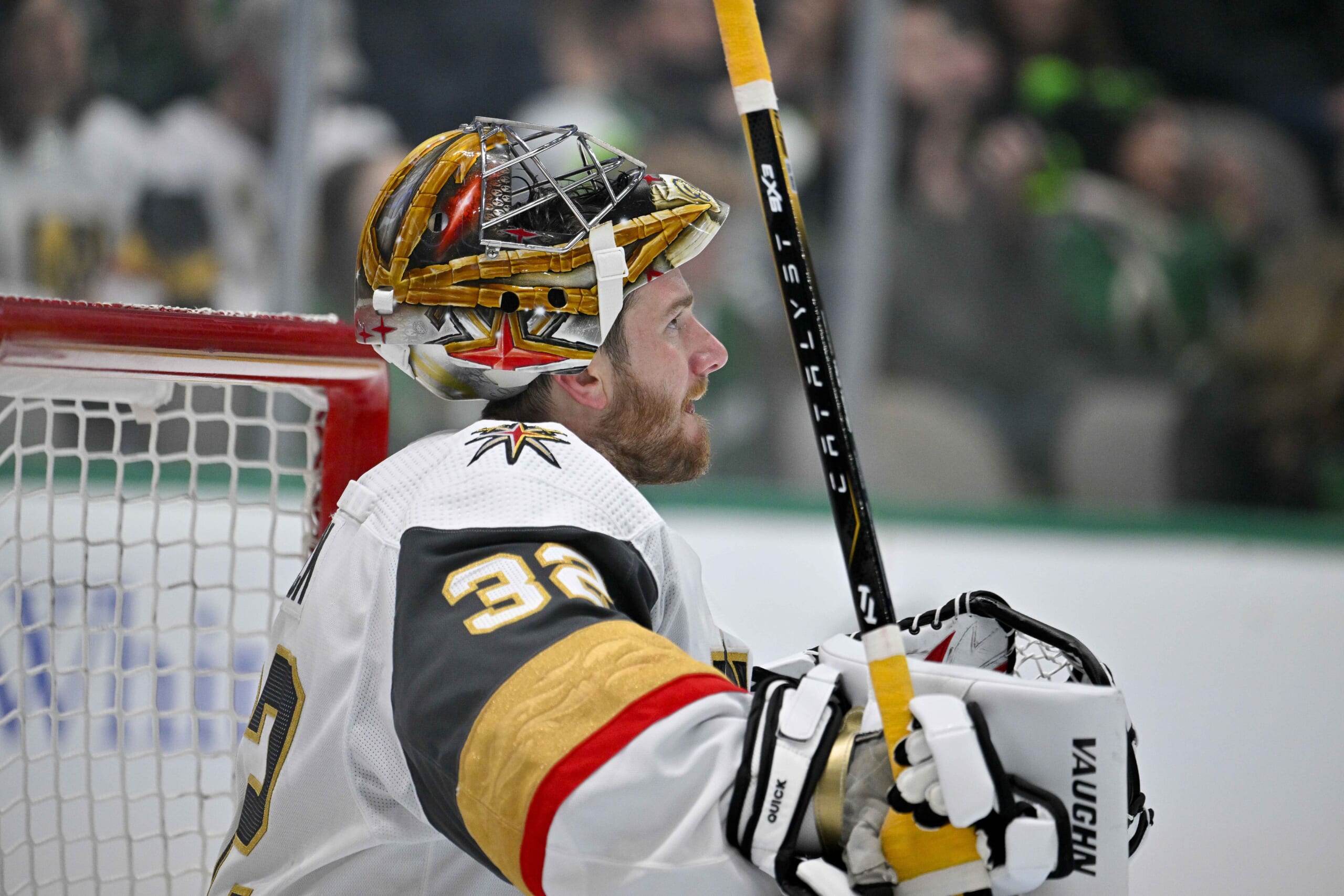 Vegas Golden Knights goaltender Jonathan Quick (32, New York Rangers) during the game between the Dallas Stars and the Vegas Golden Knights at American Airlines Center